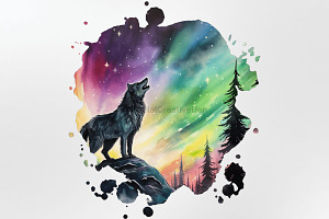 Watercolor Wolf With Northern Lights