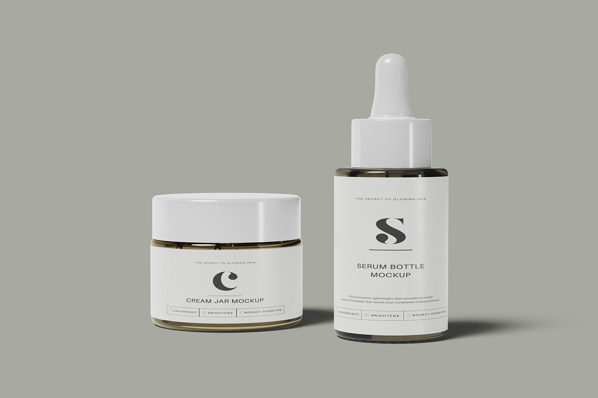 Cosmetic Cream Jar & Dropper Bottle, a Packaging Mockup by Pexelcorner (Photo 3 of 9)