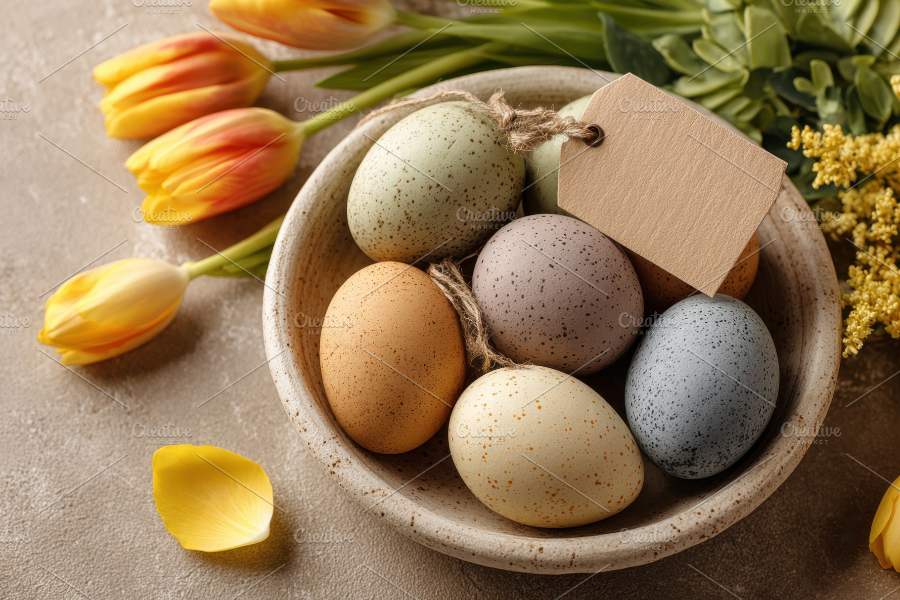 Pastel easter eggs in a bowl with tulips, a Holiday Photo by AlyaAnd