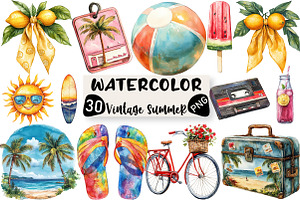 Watercolor Vintage Summer Clipart, an Illustration by Black Bird Studio