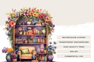 Watercolor Bookshelf Clipart Bundle