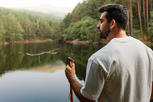 Man contemplating a lake in a mounta, a Person Photo by Perpis