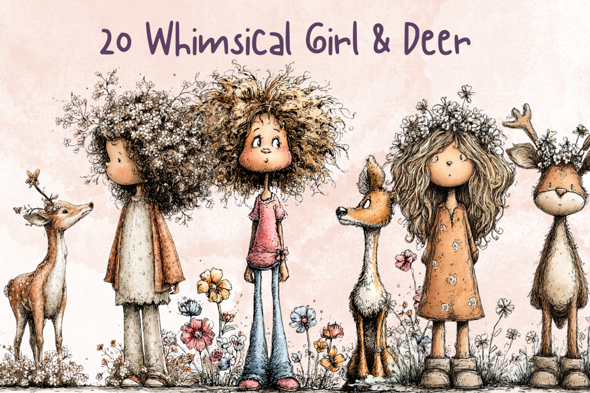 Whimsical Floral Girl & Deer Clipart, an Animal Illustration by GiraffeCreative (Photo 1 of 20)