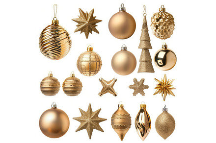 Variety of gold christmas ornaments, a Holiday Photo by Ylivdesign