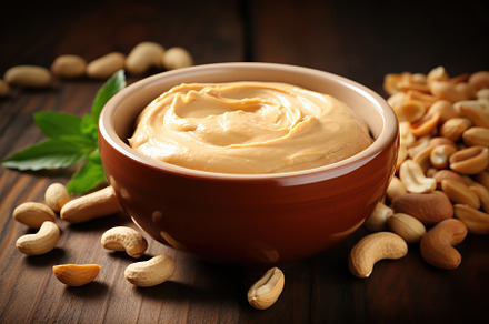Bowl with peanut butter on wooden background, a Food & Drink Photo by AlyaAnd
