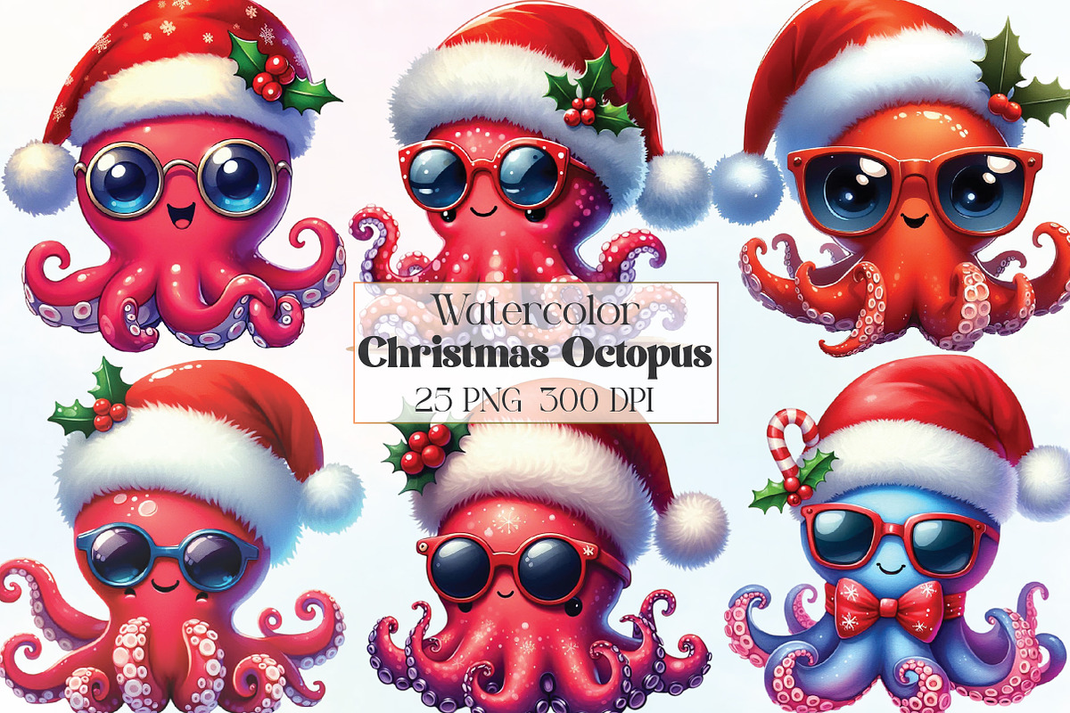 Watercolor Christmas Octopus Clipart, a Work Illustration by CraftArtStudio (Photo 1 of 6)
