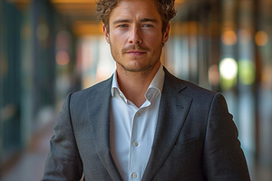 Confident young man in a stylish suit, exuding professionalism in a modern urba, a Person Photo by ImageMir
