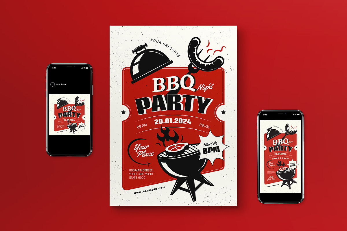 Red Retro BBQ Night Party Flyer Set, a Flyer Template by graphicook (Photo 1 of 3)