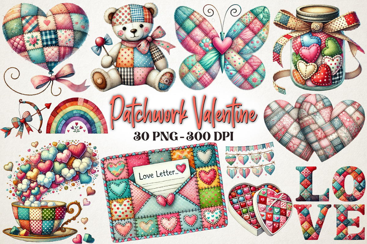 Patchwork Valentine's Day Clipart, a Work Illustration by OK Design (Photo 1 of 4)