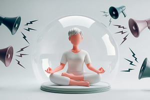 A 3D person meditating in a bubble i, a Health & Medical Photo by angellodeco