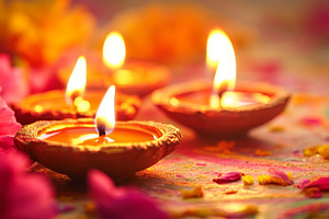 Traditional Diwali Diyas with Floral Decoration, an Abstract Photo by Natalia Klenova's Shop
