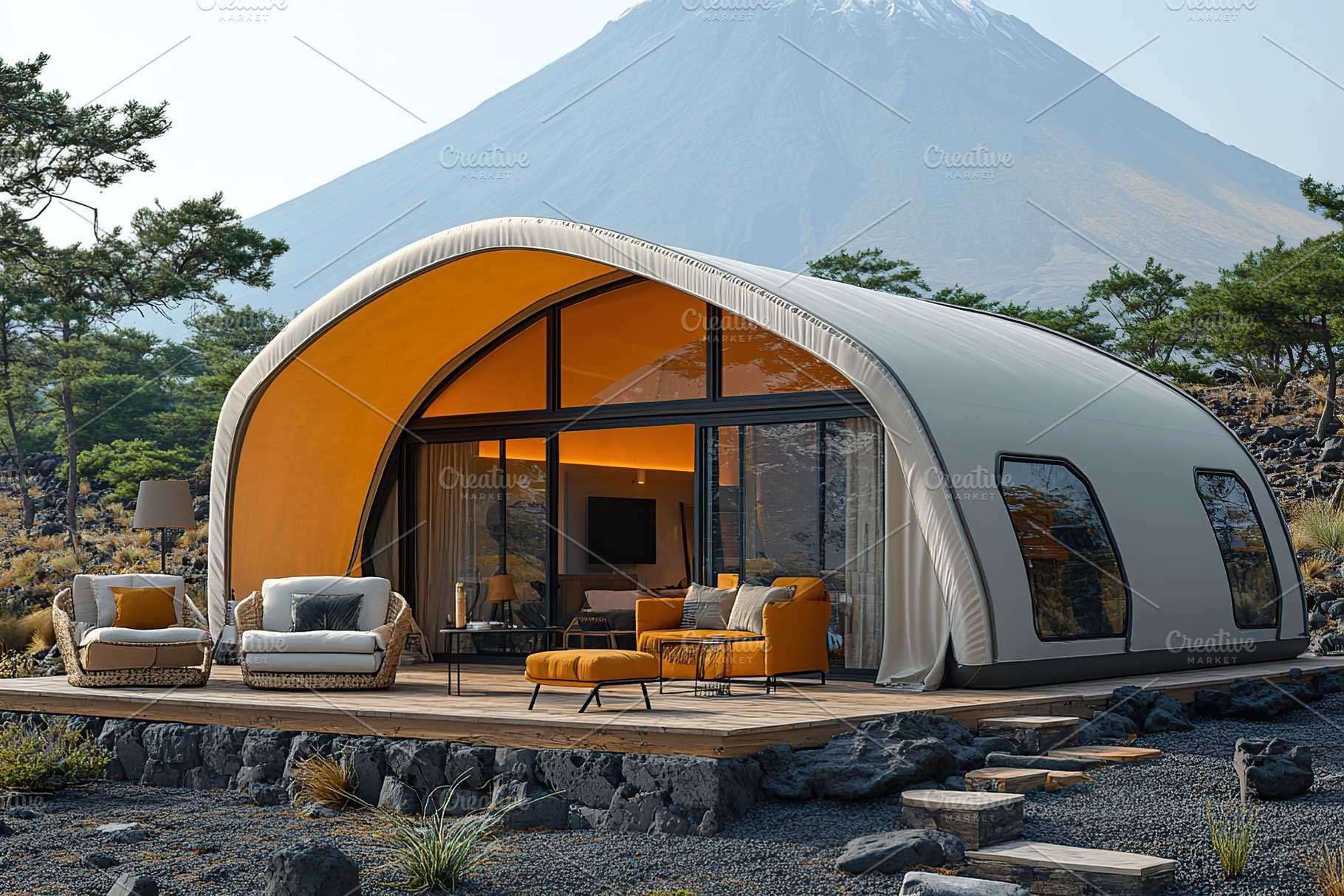 Modern glamping on the background of volcano slope, an Architecture Photo by AlyaAnd