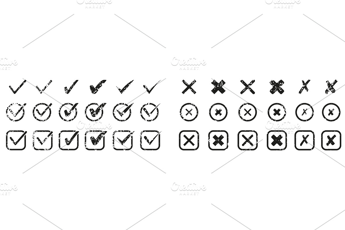 Checkmark and Cross Grunge Set, an Object Illustration by Vector Creator