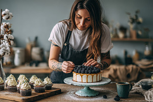 Woman baker decorating delicious cak, a Photo by Pixeness Studio
