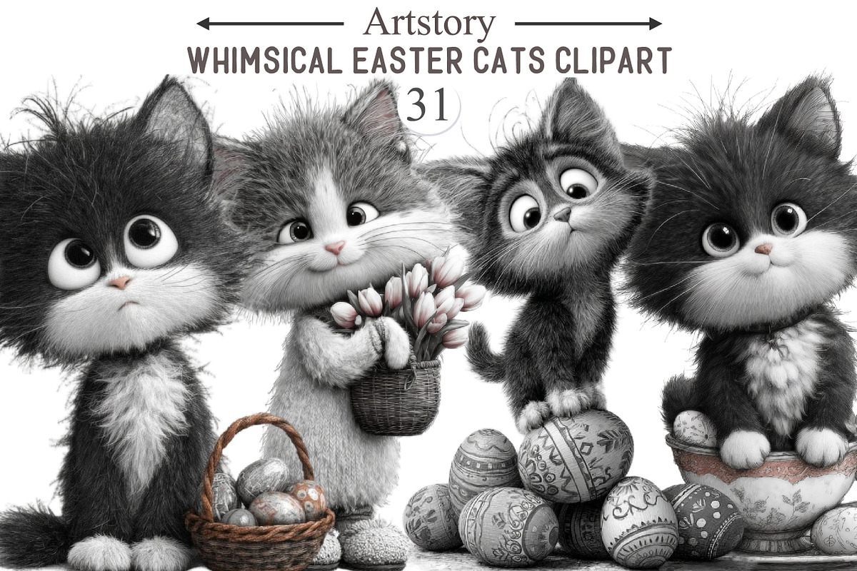 Whimsical Easter Cats Clipart, an Illustration by designcity5 (Photo 1 of 5)