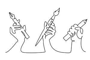 Hands holding pen, pencil and brush, a Person Illustration by Valenty