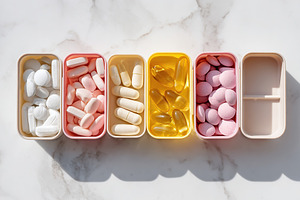 Various types of dietary supplements arranged in colorful containers on a marbl, a Health & Medical Photo by AlyaAnd