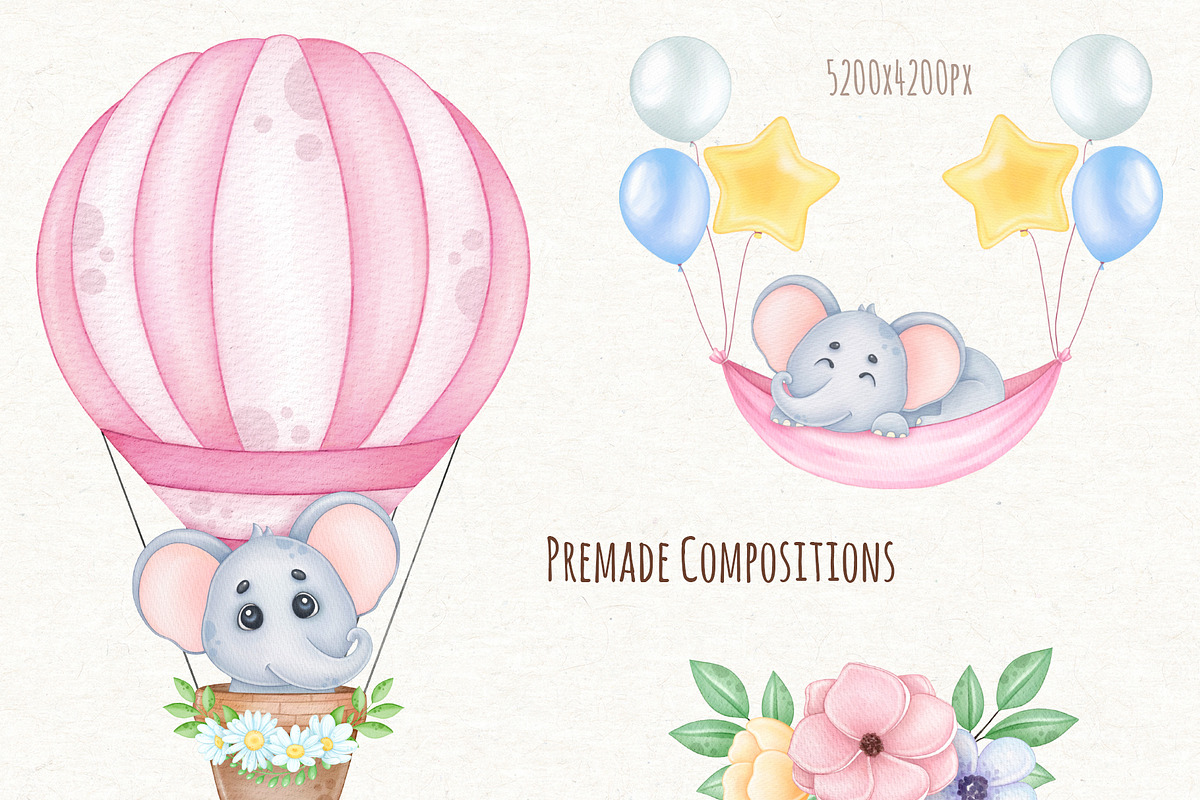 Watercolor Baby Elephant Clipart, a Decorative Illustration by ekossa_art (Photo 7 of 8)