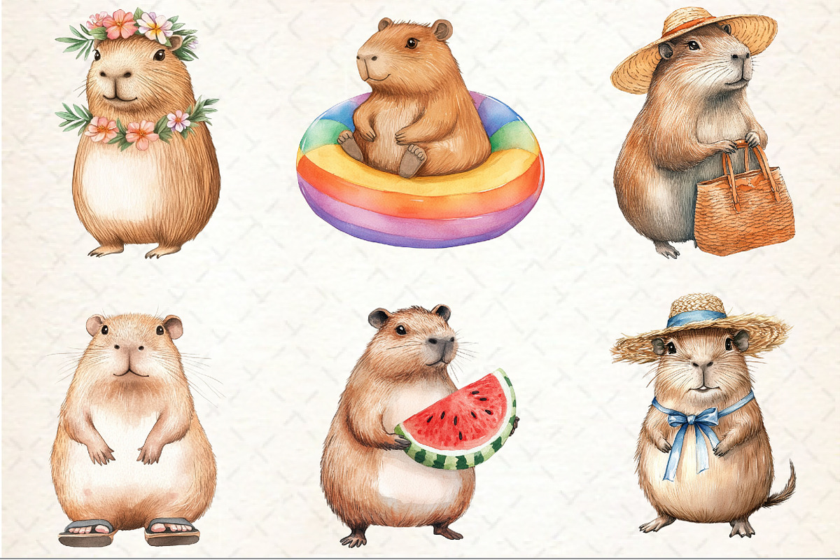 Summer Capybara Watercolor Clipart, an Illustration by Rose Art (Photo 4 of 4)