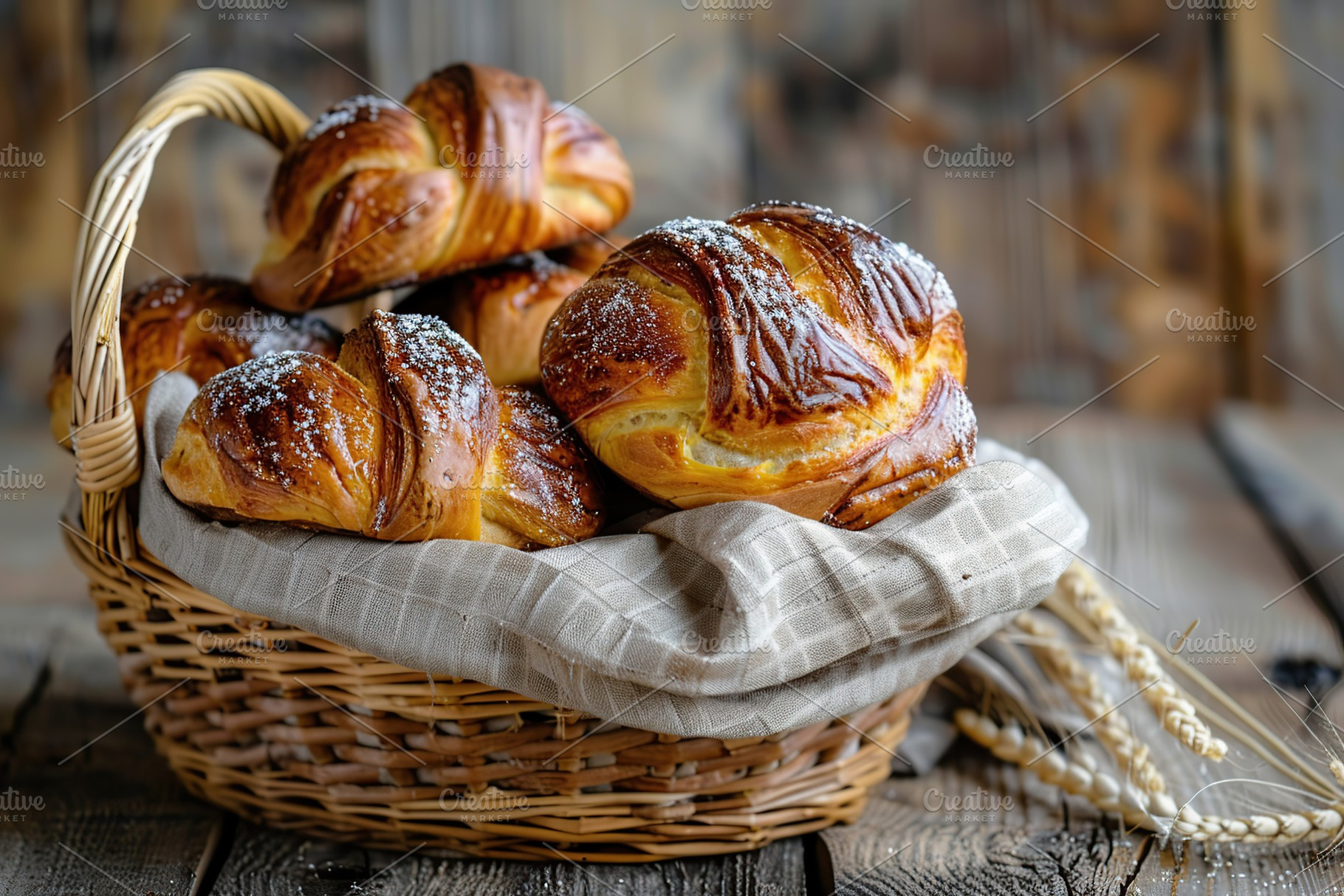 Freshly different baked buns in basket on wooden table, a Food & Drink Photo by AlyaAnd