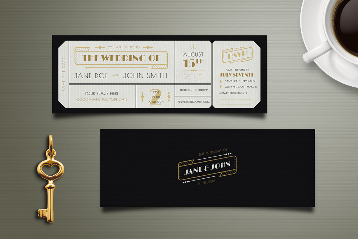 Art Deco Wedding Invitation Ticket, an Invitation Template by Vynetta (Photo 2 of 4)