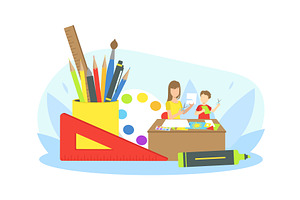 Mother Doing Craft with Her Son at, a Person Illustration by TopVectors