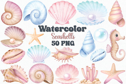 Watercolor Seashells Clipart Set