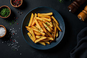 Golden French fries served in a dark, a Food & Drink Photo by professorinc