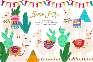 Cactus and Llama Watercolor Clipart, an Illustration by Sunflower Day Love
