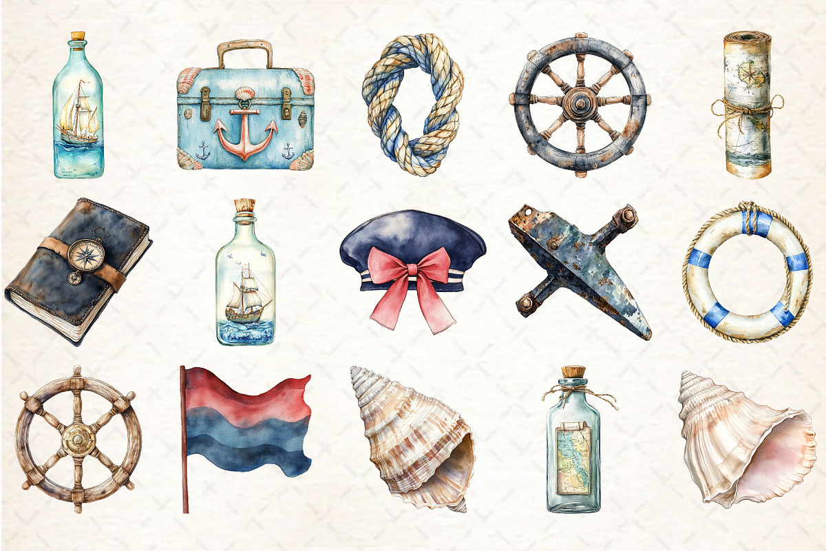 Vintage Nautical Summer Clipart, an Illustration by Rose Art (Photo 2 of 7)