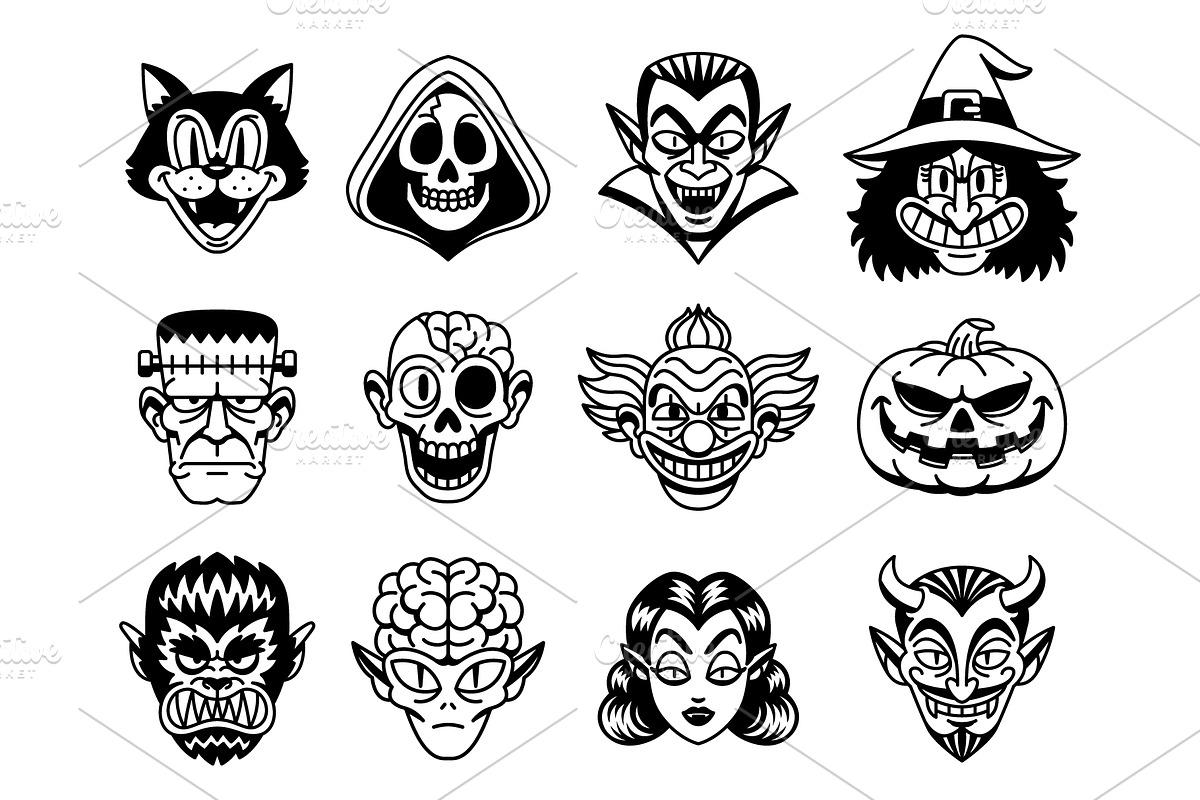 12 Vector Retro Halloween Faces, a Decorative Illustration by Andres M Rodriguez (Photo 3 of 3)