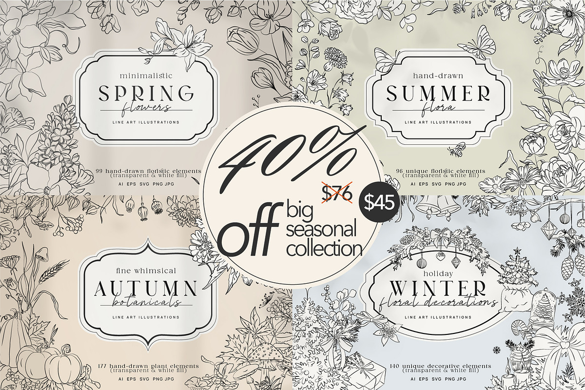 Line Art Seasonal Floral Bundle, a Decorative Illustration by La Petite Line Art (Photo 1 of 5)