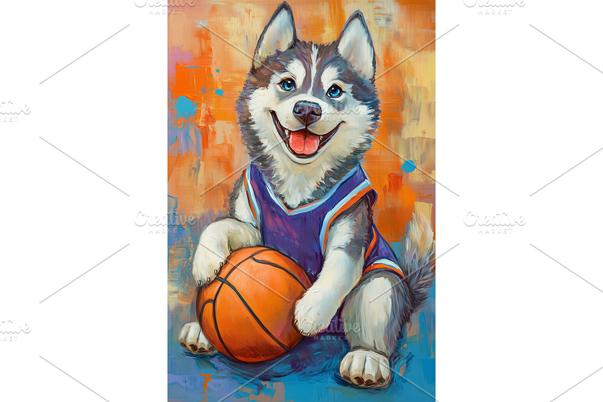 Sporty Siberian Husky Basketball Art, an Animal Illustration by Art Paradise Studios