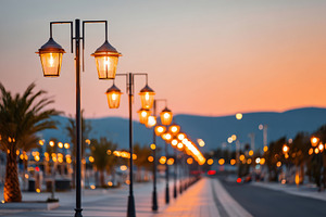 Serene waterfront sunset with illuminated lanterns, a Wallpaper Photo by AlyaAnd