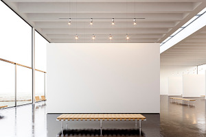 Picture exposition modern gallery,open space.Blank white empty canvas hanging contemporary art museum.Interior loft style concrete floor,light spots,generic design furniture and building.3d rendering, an Arts & Entertainment Photo by SFCRCH MOCKUPS