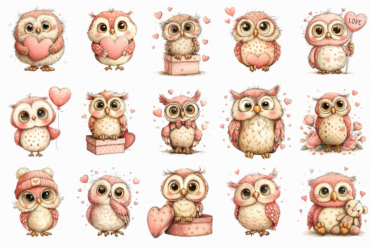 Whimsical Valentine Owl Clipart, an Illustration by Libby Wishes (Photo 2 of 7)