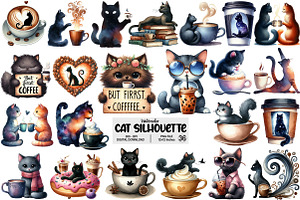 Cat Silhouette Love Coffee Clipart, an Illustration by Pixels.Craft
