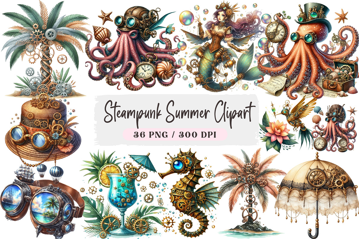 Steampunk Summer Clipart Bundle, a Seasonal Illustration by DreamArtGraphic (Photo 1 of 4)