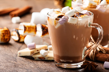 Hot chocolate drink with fried marshmallow in glass cups and win, a Food & Drink Photo by 5PH