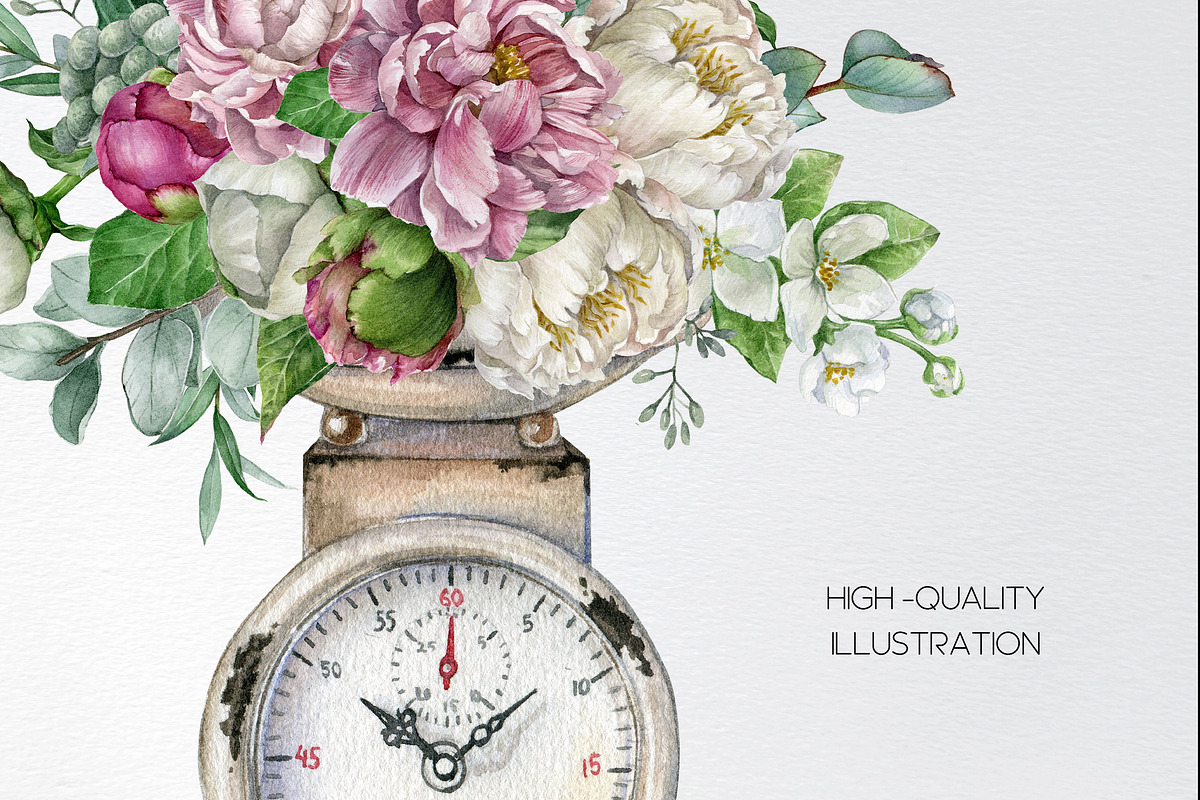 White peonies flower bouquet clipart, an Object Illustration by yana.fefelova (Photo 4 of 5)