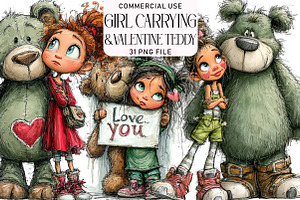 Valentine Girl & Teddy Bear Clipart, an Illustration by Daily.Designs
