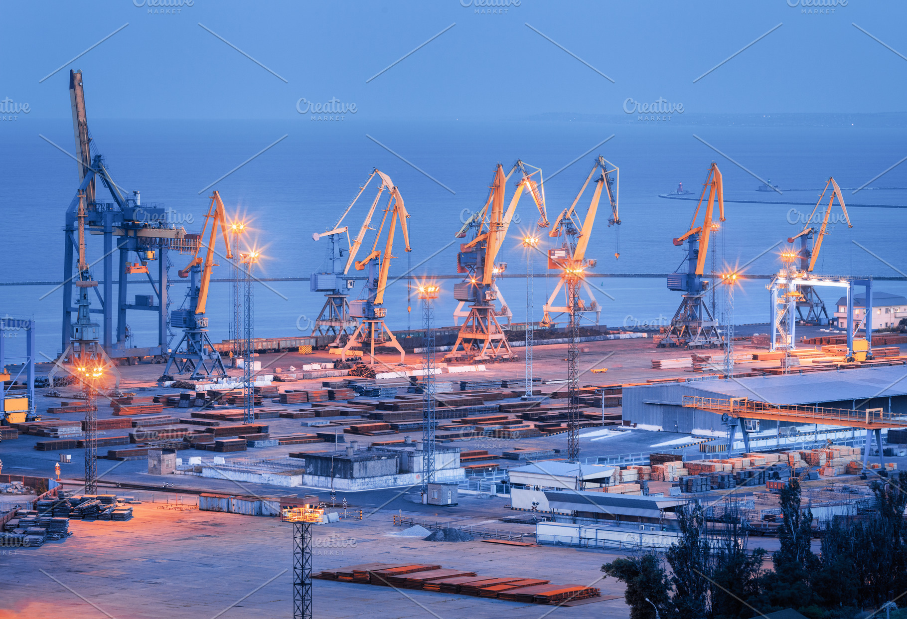 Sea commercial port at night in Mariupol, Ukraine before the war, an Industrial Photo by den-belitsky