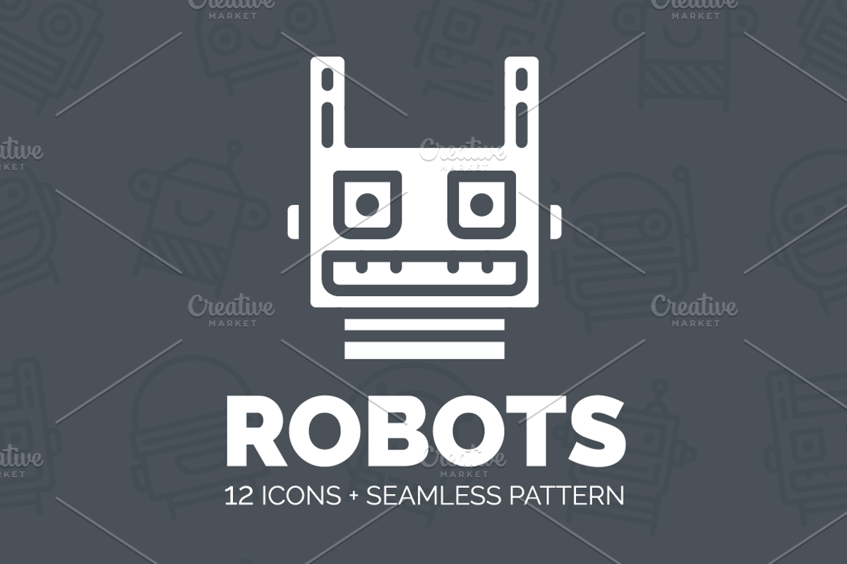 Robots: 12 icons & seamless pattern