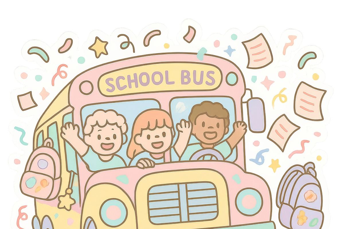 Back to school bus with cheerful chi, an Illustration by Dvoevnore photos
