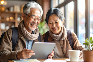 Senior couple with happy expression planning a trip on a tablet, a Person Photo by DanFLCreativo
