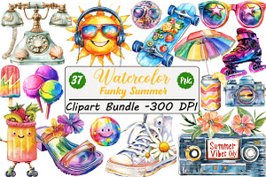 Watercolor Funky Summer Clipart, an Illustration by DreamCafeArt