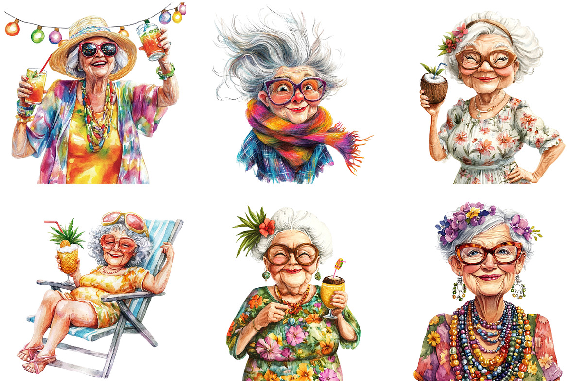 Funny Watercolor Old Lady Cruise Cli, an Illustration by DreamArtGraphic (Photo 8 of 8)