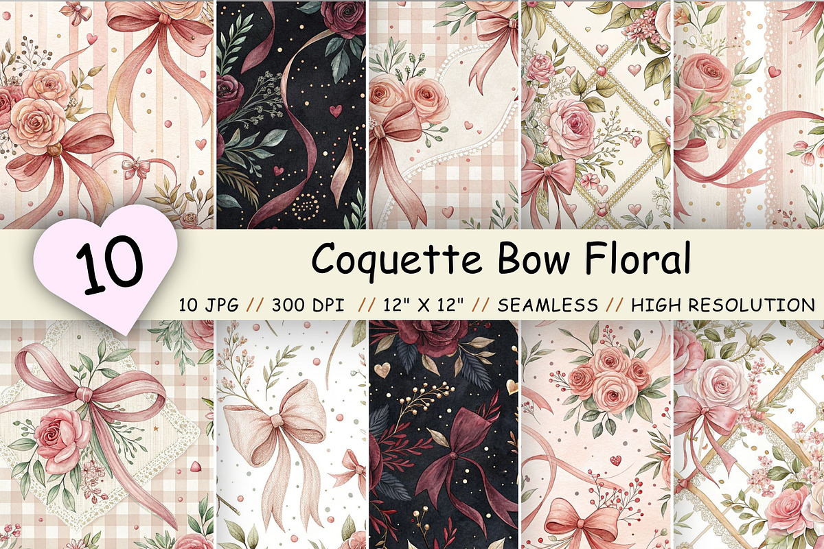 Coquette Bow Floral Digital Paper, a Pattern Graphic by FloridPrintables (Photo 1 of 9)