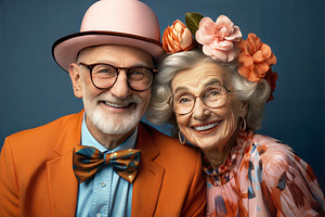 Happy elderly couple dressed in colorful outfits, smiling joyfully in a studio., a Person Photo by ImageMir