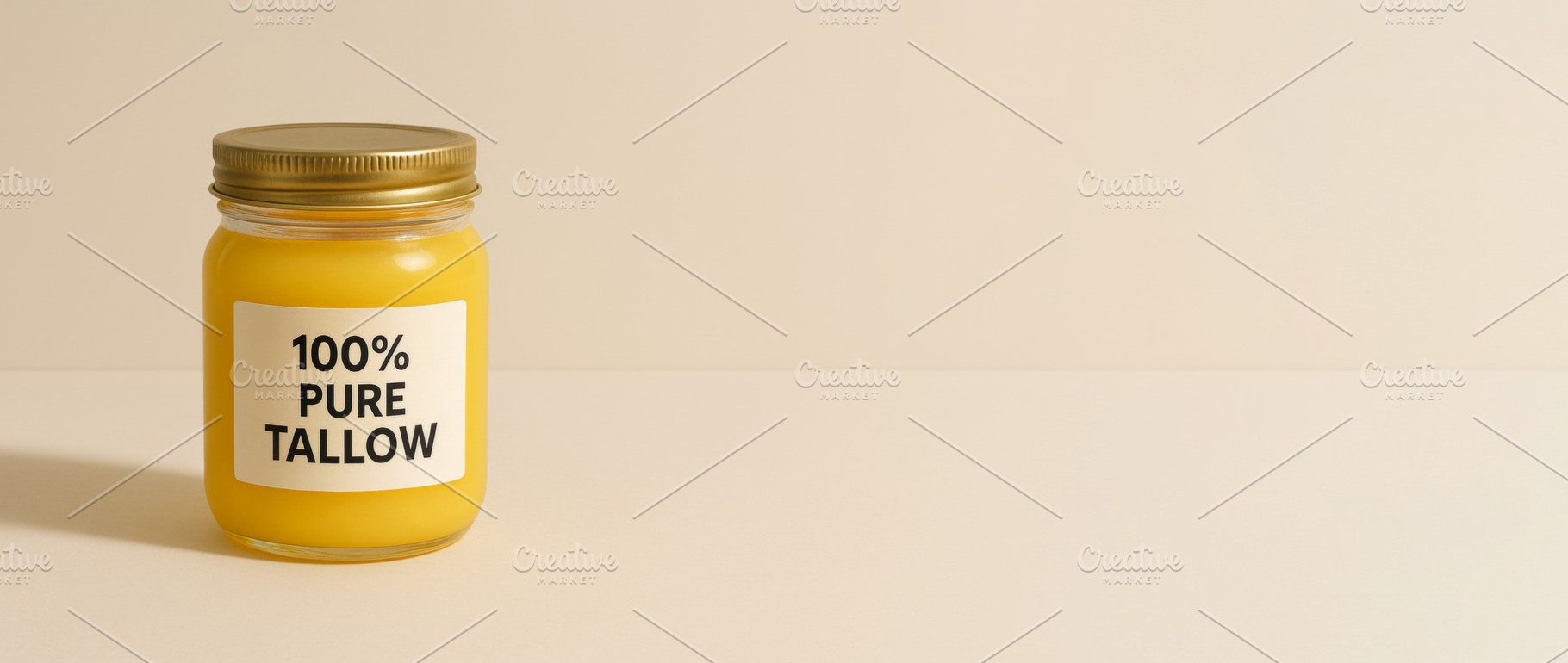 Jar of pure tallow with label on bei, a Photo by Dvoevnore photos